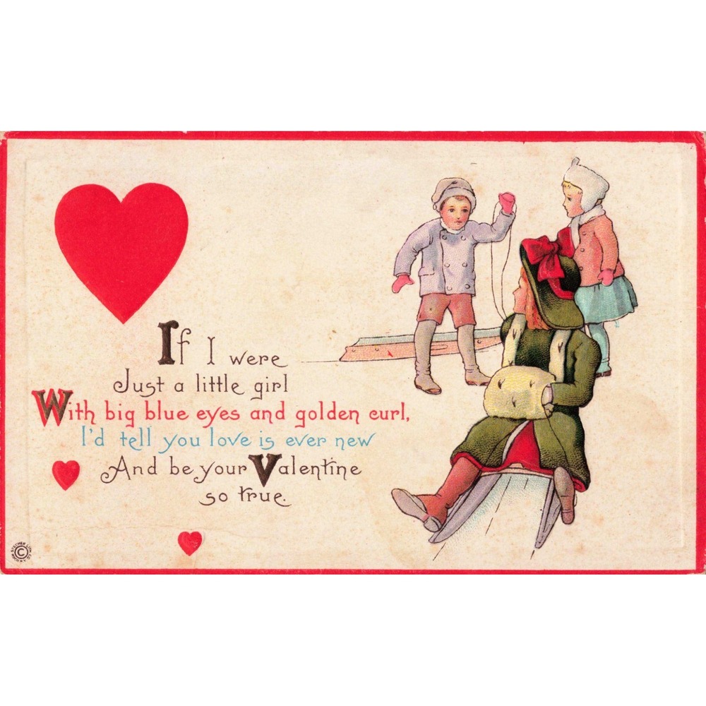 Vtg Valentine Postcard Stecher Litho Children Sledding Embossed Series 89 F - Picture 1 of 2